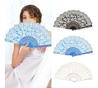 FOSDICK 3 Pezzi Ventaglio da Borsetta, Fiori Ventaglio Pieghevole, Ventagli Pieghevoli a Mano per la Danza Cosplay Matrimonio Rosso, 43x23cm (Nero, Bianco, Blu)