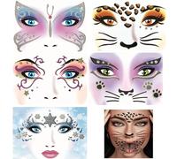 FOSDICK 5 Pezzi Adesivi per Tatuaggi, Glitter Tatuaggi Facciali, Tatuaggio Temporaneo Viso di Animale, Leopardo, Cigno, Farfalla, Gatti, Palcoscenico di Ghiaccio, per Mascherata, Festa, Performance
