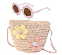 FOSDICK Borsetta Bambina e Occhiali da Sole Bambina A Forma di Fiore, Borsa Paglia Regolabile, Borsa Tracolla, Graziosa Borsa Mare Paglia per Viaggi, Vacanze e Uso Quotidiano (Rosa)