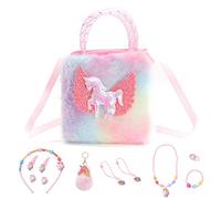 FOSDICK Borsetta Bambina Gioielli Bambina Set, Borsette Bambina in Peluche, Borsa Unicorno bambina, Collana Bracciale Anello Orecchini e Fermagli per Capelli, Unicorno bambina Regalo 3 4 5 6 7 8 Anni