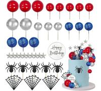 FOSDICK Decorazioni Torta Compleanno Ragno, 37 Pezzi Decorazioni per Torte Ragnatela Stella Rosse Argento Blu Palline Happy Birthday Cake Topper, Ragno Decorazione Torta Compleanno per Ragazzi Feste