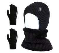 FOSDICK Set Guanti Cappello e Sciarpa Donna Uomo, Unisex Berretto Scaldacollo Guanti Touch Screen Invernali Beanie Scalda Collo guanti Termici Cappellino in Maglia Paracollo Gloves Winter, Nero