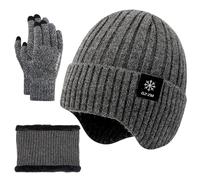FOSDICK Set Guanti Cappello e Sciarpa Uomo Donna, Unisex Berretto in Maglia Scaldacollo Guanti Touch Screen Invernali Beanie Scalda Collo guanti Termici Cappellino Paracollo Gloves Winter, Grigio