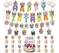FOSDICK Tema del Gatto Decorazioni Compleanno Set, Gatto Addobbi Compleanno Kit, Carino Happy Birthday Decorazioni, Birthday Decorations Include Decorazioni Torta Compleanno,Striscione Buon Compleanno