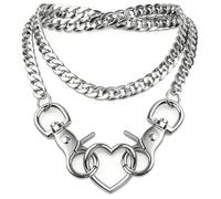 FOSLXIN Collana con Cuore e Catena Spessa, Collana con Cuores e Anello a Forma di Cuores con Catenas Punk, Collanas con Catenas Cubana Multistrato a Forma di y, Gioielli per Donna e Uomo (Argento)