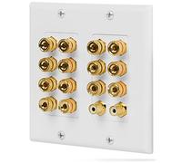 Fosmon [2-Gang 7.1 Surround Distribution] Home Theater Wall Plate - Premium Quality Gold Plated Copper Banana Binding Post Coupler Type Wall Plate for 7 Speakers and 2 RCA Jacks for Subwoofer(s) (White)