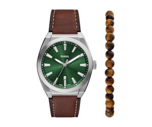 Fossil Everett - Orologio e bracciale da uomo in pelle marrone con tre lancette, Marrone