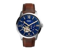 Fossil Orologio analogico da uomo automatico con cinturino in pelle ME3105, Argento/Blu, Cognac, 44 mm, Orologio scheletro