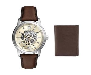 FOSSIL Orologio da Uomo Everett in Pelle Marrone e Portafoglio Ingram, Set