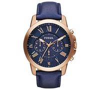 Fossil Orologio da uomo, Grant, movimento cronografo al quarzo, cassa in acciaio inossidabile oro rosa da 44 mm con cinturino in vera pelle, FS4835IE, Blu e oro rosa
