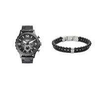 Fossil orologio da uomo Nate Grigio in acciaio inossidabile e bracciale Townsman Black in pietra semipreziosa, set