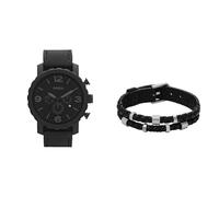 Fossil orologio da uomo Nate in pelle nera e bracciale Bronson in acciaio inossidabile color argento, set