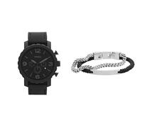 Fossil orologio da uomo Nate in pelle nera e bracciale Ellis in acciaio inossidabile color argento, set