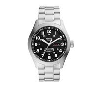 Fossil Orologio Defender da uomo, Data a tre lancette a energia solare con cinturino in acciaio inossidabile o in pelle, 46 mm, Nero e argento