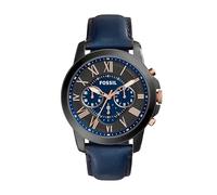 Fossil Orologio Grant da uomo, Movimento cronografo al quarzo con cinturino in pelle e acciaio inossidabile, 44 mm, Nero e blu