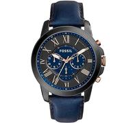 Fossil Orologio Grant da uomo, Movimento cronografo al quarzo con cinturino in pelle e acciaio inossidabile, 44 mm, Blu e nero