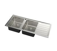 FOSTER, KF, 3271051, Lavello Cucina Spazzolato 2 Vasche Sinistra con Gocciolatoio, Con Sifone, Piletta 3½" e Gruppo di Scarico, Base 80 cm, Vasche 340x400 mm, Inox 116x50 cm (Foro 114x48)