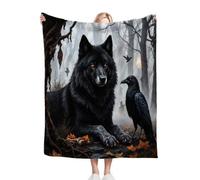Fotmung Coperta Plush Flanella Lupo Nero E Corvo, 130x150 cm Pratica per l'Home-Office, Leggera da Portare, Lavabile in Lavatrice e Non Perde Colore, Utilizzabile Quattro Stagioni-A338