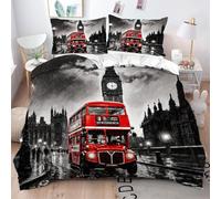 Fotmung Lenzuola 3D 200x200 cm Autobus Su Edificio Grigio, Set 3 Pezzi (1 Copripiumino + 2 Federe), Morbido e Resistente Per Tutte Le Stagioni, Perfetto Per L'Uso Quotidiano e Il Riposo Sereno-A246