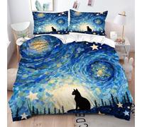 Fotmung Lenzuola 3D 200x200 cm Gatto Blue Moon, Set 3 Pezzi (1 Copripiumino + 2 Federe), Morbido e Resistente Per Tutte Le Stagioni, Perfetto Per L'Uso Quotidiano e Il Riposo Sereno-B196