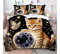 Fotmung Lenzuola 3D 200x200 cm Gatto Con Luna Nera, Set 3 Pezzi (1 Copripiumino + 2 Federe), Morbido e Resistente Per Tutte Le Stagioni, Perfetto Per L'Uso Quotidiano e Il Riposo Sereno-A196