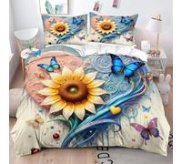 Fotmung Lenzuola 3D 200x200 cm Girasole E Farfalla, Set 3 Pezzi (1 Copripiumino + 2 Federe), Morbido e Resistente Per Tutte Le Stagioni, Perfetto Per L'Uso Quotidiano e Il Riposo Sereno-A350