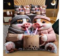 Fotmung Lenzuola 3D 200x200 cm Maialino con Tè Al Latte, Set 3 Pezzi (1 Copripiumino + 2 Federe), Morbido e Resistente Per Tutte Le Stagioni, Perfetto Per L'Uso Quotidiano e Il Riposo Sereno Q62