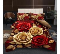 Fotmung Piumino Letto Singolo 135x200 Fiori Rossi, 3D Stampa 3 Pezzi Set Piumino Singolo, Biancheria da Letto per Adulti con 1 Trapunte 135 x 200 + 2 Federe 50 x 80 cm