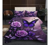 Fotmung Piumino Letto Singolo 135x200 Fiori Viola e Farfalle, 3D Stampa 3 Pezzi Set Piumino Singolo, Biancheria da Letto per Adulti con 1 Trapunte 135 x 200 + 2 Federe 50 x 80 cm