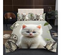 Fotmung Piumino Letto Singolo 150x200 Gatto Bianco, Leggero Biancheria da Letto in Microfibra di 3 Pezzi, 1 Trapunte Singolo 150 x 200 cm con 2 Federe 50 x 80 cm