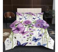 Fotmung Piumino Matrimoniale 220x240 Farfalla Viola e Fiori, Piumino Letto Matrimoniale 4 Stagioni 220 x 240 cm per Bambini Adulti, Trapunta di Microfibra e 2 Federe 50 x 80
