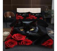 Fotmung Piumino Una Piazza e Mezza 200x200 Gatto Nero, Set di Biancheria da Letto Matrimoniale per Adulti, 1 Trapunte in Microfibra 200 x 200 cm e 2 Federa 50 x 80 cm