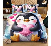 Fotmung Set Copripiumino Una Piazza e Mezza Pinguino con Cuore, Set di Biancheria da Letto Matrimoniale per Adulti, 1 Copripiumino in Microfibra 200x200 cm e 2 Federa 50x80 cm R179