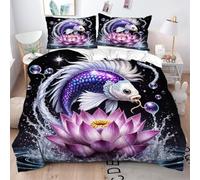 Fotmung Set di Biancheria da Letto Singolo Pesciolino Rosso Nero E Loto, 3D Stampa 3 Pezzi Set Copripiumino Singolo 135x200 cm, Copripiumini In Morbido Microfibra per Ragazze e Ragazzi-A63