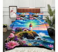 Fotmung Set Letto 3 Pezzi 200x200 cm Faro Blu E Fiori, Copripiumino + Piumino in Cotone con 2 Federe 50x80 cm, Alta Qualità e Cadeau Perfetto, Ottimo Regalo per Decorazione di Camera-A358