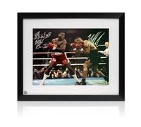 Foto di boxe autografata da Mike Tyson e Frank Bruno, incorniciata.