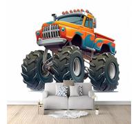 Foto di sfondo 200 x 140 cm Stampa artistica premium in tessuto non tessuto, Monster Truck Deluxe Dei Cartoni Animati Progetto Bianco Carta da parati murale, carta da parati a tema per la casa