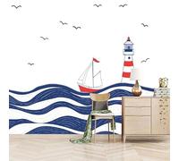 Foto Murale 3d Carta Da Parati Autoadesiva Murale 150x105 cm Faro Rosso E Bianco E Barca A Vela-Non Tessuto-Stile Di Illustrazione Semplice Rimovibile senza Segni-Per Camera da Letto e Soggiorno