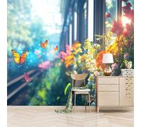 Foto Murale 3d Carta Da Parati Autoadesiva Murale 150x105 cm Fiori E Farfalle Fuori Dal Treno - Non Tessuto - Bellissimo Scenario Rimovibile senza Segni - Per Camera da Letto e Soggiorno