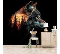 Foto Murale 3d Carta Da Parati Autoadesiva Murale 150x105 cm Lupo Al Tramonto Nella Foresta - Non Tessuto - Pittura Di Animali Rimovibile senza Segni - Per Camera da Letto e Soggiorno