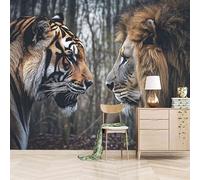 Foto Murale 3d Carta Da Parati Autoadesiva Murale 150x105 cm Scontro Tra Tigre E Leone - Non Tessuto - Bellezza Naturale Della Foresta Rimovibile senza Segni - Per Camera da Letto e Soggiorno