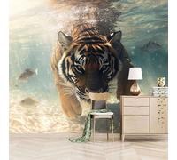Foto Murale 3d Carta Da Parati Autoadesiva Murale 150x105 cm Tigre Che Si Tuffa - Non Tessuto - Animali E Bestie Rimovibile senza Segni - Per Camera da Letto e Soggiorno