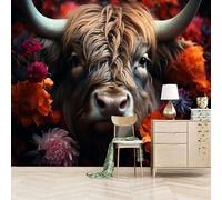 Foto Murale 3d Carta Da Parati Autoadesiva Murale 200x140 cm Bovini Da Fiore Rosso - Non Tessuto - Animale Rimovibile senza Segni - Per Camera da Letto e Soggiorno