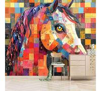 Foto Murale 3d Carta Da Parati Autoadesiva Murale 200x140 cm Dipinto A Mosaico Multicolore Di Un Cavallo - Non Tessuto - Animale Rimovibile senza Segni - Per Camera da Letto e Soggiorno