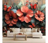 Foto Murale 3d Carta Da Parati Autoadesiva Murale 200x140 cm Farfalla Fiore Rosso-F - Non Tessuto - Fiori 3D Rimovibile senza Segni - Per Camera da Letto e Soggiorno