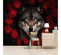 Foto Murale 3d Carta Da Parati Autoadesiva Murale 200x140 cm Le Rose Rosse Circondano Il Lupo - Non Tessuto - Realismo E Arte Rimovibile senza Segni - Per Camera da Letto e Soggiorno