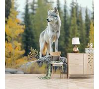 Foto Murale 3d Carta Da Parati Autoadesiva Murale 200x140 cm Lupo Di Pietra Della Foresta - Non Tessuto - Scenario Naturale Rimovibile senza Segni - Per Camera da Letto e Soggiorno