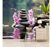 Foto Murale 3d Carta Da Parati Autoadesiva Murale 250x175 cm Ciottoli Di Orchidee Lungo Il Fiume - Non Tessuto - Stile Zen E Tranquillo Rimovibile senza Segni - Per Camera da Letto e Soggiorno