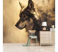 Foto Murale 3d Carta Da Parati Autoadesiva Murale 250x175 cm Dipingere La Testa Di Un Lupo Bestiale-Non Tessuto-Stile Di Pittura A Olio Retrò Rimovibile senza Segni-Per Camera da Letto e Soggiorno