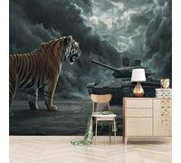 Foto Murale 3d Carta Da Parati Autoadesiva Murale 250x175 cm Tigri Contro Carri Armati - Non Tessuto - Bestie E Carri Armati Rimovibile senza Segni - Per Camera da Letto e Soggiorno